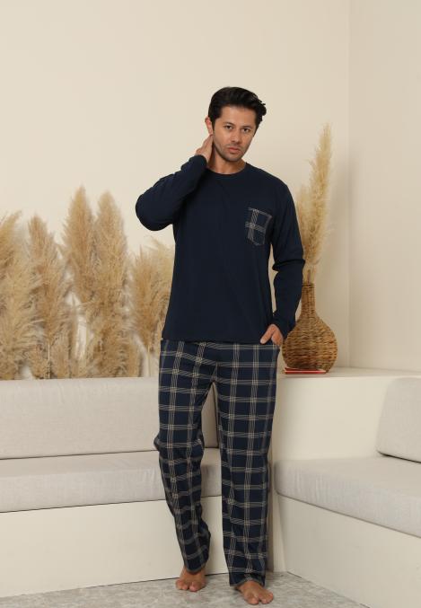 Pijama Barbati ,Maneca si Pantaloni Lungi, Culoare Bleumarin cu Crem,Engros